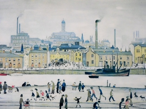 After LS Lowry. Northern river scene, print, 40cm x 58cm.