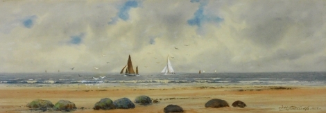 20thC British School. Seascape with sailing boats and sea gulls, watercolour on paper, indistinctively signed and dated 1923, 19cm x 52cm.