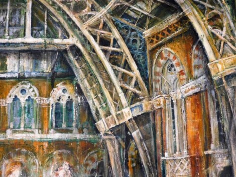 Doreen Hunt (British, b.1938). St Pancras Station interior, mixed media, signed, 48cm x 64cm.