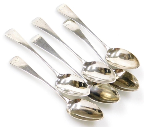 A set of six George III silver teaspoons, each handle bearing engraved initials, London 1814, 2¼oz.