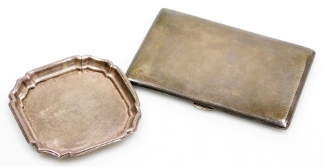 A George V silver cigarette case, with engine turned decoration, London 1935, 12.5cm wide, 5½oz, and a George VI silver pin tray, engraved 21st July 1951, Birmingham 1950, 8.5cm wide, 1¼oz.