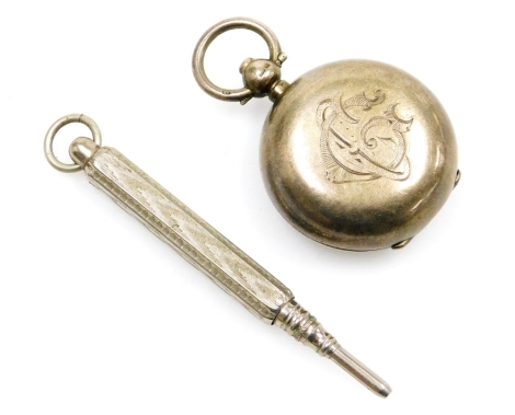 An Edward VII silver sovereign case, with engraved initials, Birmingham 1908, and a white metal propelling pencil.