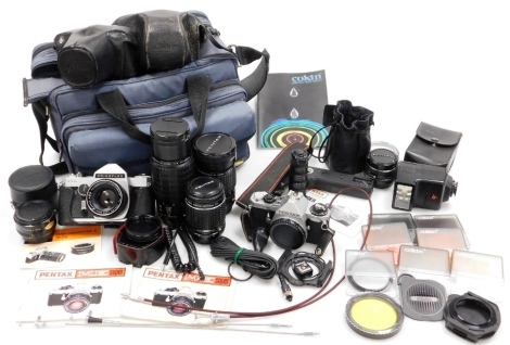 A group of cameras and camera equipment, to include a Chinon TTL Prinz Flex camera, a Pentax A Zoom 1.4 70x200mm lens, a Pentax Takumar bayonet 2.5 135mm lens, a Pentax ME Super Body camera, a Pentax Rear Converter, K26-2X, a Pentax ME2 winder, etc. (a qu