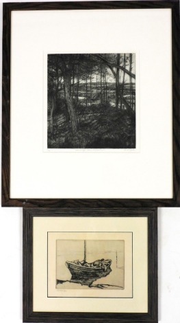 After S.A. Taylor. Man in fishing boat, engraving, 13cm x 17cm, and after Joe Westgate, view through trees, Hexhamshire, signed limited edition engraving, 24cm x 23cm. (2)