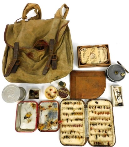 Various fishing reels, etc., a J. Peek and Son London fishing reel, 7cm diameter, Hardy Brothers Bakelite fly case, containing various flies, complete with fishing bag. (a quantity)