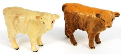 Two Beswick Highland calves, two colour ways, printed marks.