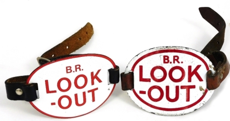 Two British Rail enamel and leather arm badges, each stating Look Out.