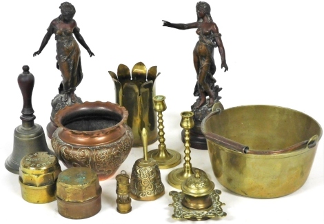 A group of metalware, to include a pair of spelter figures of Neoclassical maidens, a brass bell with turned hardwood handle, embossed copper jardiniere, trench art vase, preserve pan, cartwheel hubs, one stamped Kirkstall Forge Company, Leeds, etc. (a qu