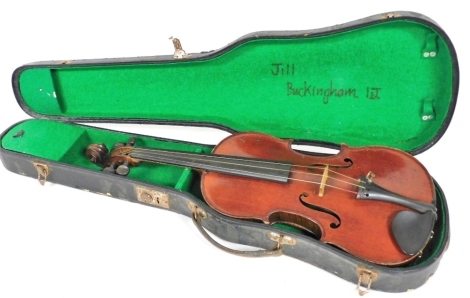 A violin, with Nicolas Claude, Lutherie Artsitique label, two piece back, 59cm long, in a fitted case.