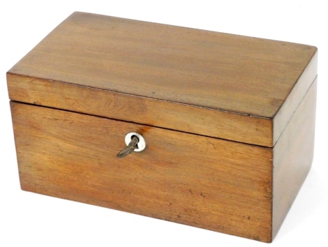 A Victorian mahogany tea caddy, of rectangular twin division form, with key, 20cm wide.