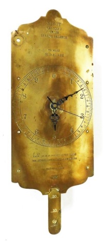 A Salter number 60T brass tray spring balance, converted to a wall clock, with quartz movement, 46cm high.