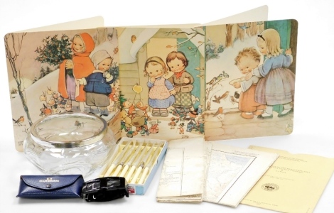 Miscellaneous ephemera and collectables., to include Mabel Lucie Atwell limited edition greetings cards, Keeler Binomag viewers, various maps, a cut glass bowl with silver plated mount, John Watts knives, etc. (a quantity)