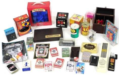 Various games and playing cards., The Bedlam Cube, over forty fund money box, 12cm high, various other items, etc. (a quantity)