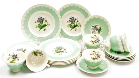 A Wedgwood Corinthian Hampton Court pattern part tea service, comprising six tea cups and saucers, three tea plates and six salad plates.