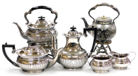 Silver plated wares, etc., early 20thC kettle on stand, with ebonised handle, 36cm high, part service with gadrooned body, comprising coffee pot, teapot and two handled sugar bowl, associated milk jug and a further kettle on stand. (a quantity)