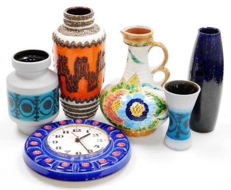 A collection of German fat lava and other ceramics, to include a vase decorated in deep orange, brown and white, two similar vases with geometric band in black, on a turquoise ground, a floral painted ewer, clock titled Elstar, etc. (a quantity)