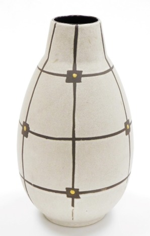 A German Gurgen fat lava vase, decorated with a geometric design in cream, on a dark brown ground, paper label to underside, 43cm high.