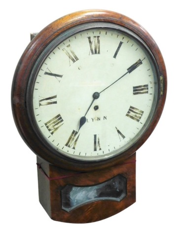 A Victorian mahogany drop dial wall clock, the painted dial bearing Roman numerals, indistinctly signed Lynn, with fusee movement, 37cm diameter.