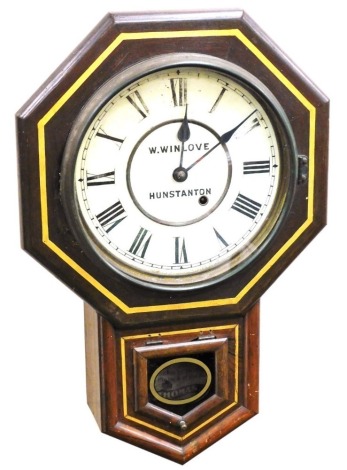 A 19thC mahogany and parcel gilt drop dial wall clock, made by Seth Thomas of Thomaston, Connecticut USA, the dial painted with retailer W.Winlove of Hunstanton, chapter ring bearing Roman numerals, thirty hour movement, the case of octagonal form, 57cm h