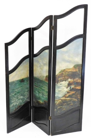 An early 20thC mahogany three fold screen, three panels each painted in oils, with a coastal landscape with boats, figures, etc., 178cm high, 141.5cm wide extended.