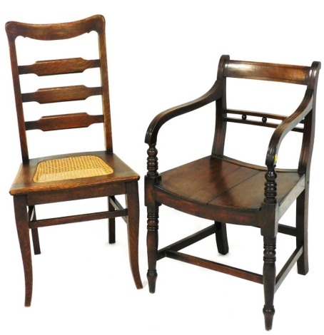 An oak ladderback side chair, with caned seat, on cabriole legs, and a 19thC mahogany and ebony strung open armchair with saddle seat, on turned legs. (2)