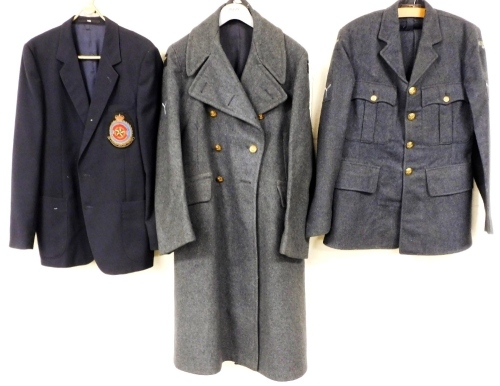 Three items of Royal Air Force clothing, comprising a wool overcoat, size 8, a Hepworth's blazer for squadron 31, size 41R, and a wool suit comprising jacket and trousers, size unknown.