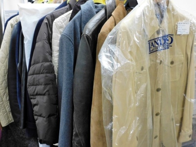 Gentleman's and lady's clothing, mainly Lands End, to include a shell cow hide brown jacket, size XL, a Janet Ibertson brown leather jacket, wool coats, padded lady's jackets, etc. (a quantity)