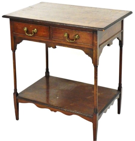 A late 19thC mahogany side table, with two frieze drawers, raised on turned columns above tapering square feet, united by an under tier, 66cm high, 63.5cm wide, 41.5cm deep.