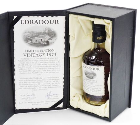 A bottle of Edradour vintage 1973 Single Malt Scotch Whisky, distilled 8th March 1973, bottled 10th June 2003, butt no. 97, bottle number 75/539, 70cl, in presentation box with sleeve.