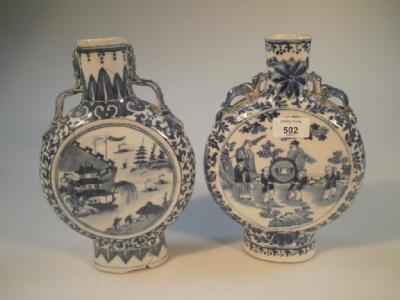 A 19thC Chinese blue and white moon flask with applied dragon handles and