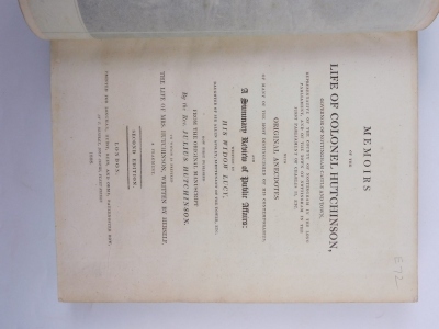 Hutchinson (Lucy) MEMOIRS OF THE LIFE OF COLONEL HUTCHINSON, portrait frontispiece, engraved plate, tissue-guard, contemporary calf, tooled in gilt, skilfully rebacked, 4to, 1808 - 2