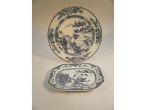 An 18thC Chinese blue and white export octagonal dish with landscape decoration