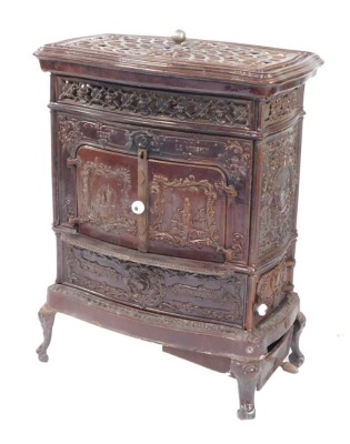 A French cast iron and brown enamel stove, No 258, stamped Le Vosgien, 93cm high, 70cm wide, 44cm deep.