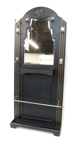 An Art Deco style black painted coat stand, with applied chrome hooks and bar and central boxed section, 198cm high, 84cm wide, 2cm deep.