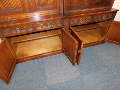 Two oak Old Charm cabinets, each with bookcase top, with two single drawers and two cupboard door base, one with writing desk fall flap section, 196cm high, 91cm wide, 42cm deep. - 3