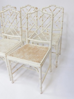 A set of six distressed cream painted dining chairs, each with simulated bamboo supports, white painted with cane seats. - 2