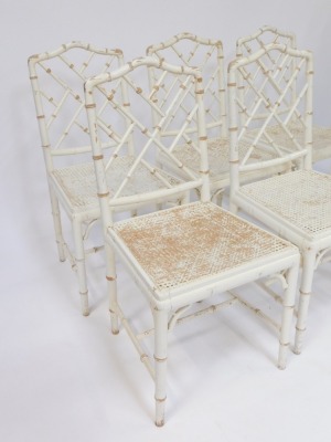 A set of six distressed cream painted dining chairs, each with simulated bamboo supports, white painted with cane seats. - 3