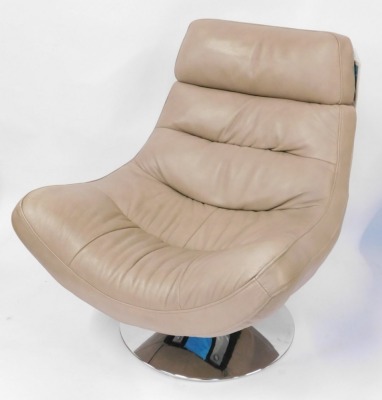 A pair of taupe leather swivel lounge chairs, each with chrome base, approx 100cm high, 85cm wide. - 2