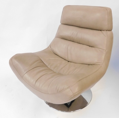 A pair of taupe leather swivel lounge chairs, each with chrome base, approx 100cm high, 85cm wide. - 4