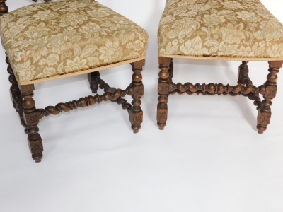A pair of late 19thC carved oak side chairs, each with gold upholstered back and seat, with barley twist column supports, leaf vine detailing, 115cm high, 48cm wide, 43cm deep. - 4