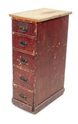 A pine five drawer storage chest, with applied later top and red lacquered base, with Art Nouveau style metal handles, 93cm high, 34cm wide, 55cm deep. (AF)