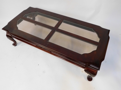 An Eastern hardwood coffee table, with cabriole shell capped legs, with four glass insets to top, 40cm high, 130cm wide, 64cm deep. - 2