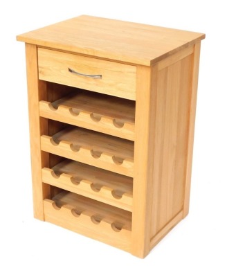 An oak wine rack, with rectangular top, above single drawer, 74cm high, 53cm wide, 41cm deep.