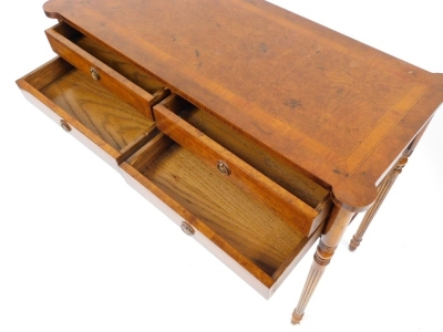 A Georgian style burr walnut and satinwood crossbanded side table, with four frieze drawers, raised on turned and fluted legs, 77cm high, 96.5cm wide, 42.5cm deep. - 3