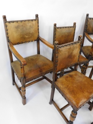 A set of six Victorian Carolean style oak dining chairs, each with a studded leather back and seat, comprising two carvers and four single chairs. - 3