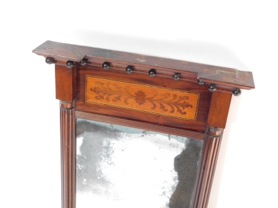 A Regency mahogany and inlaid over mantel mirror, the outswept pediment carved with balls, over a acanthus leaf carved panel, silvered glass plate, flanked by reeded demi pilasters, 68cm high, 42cm wide. - 3