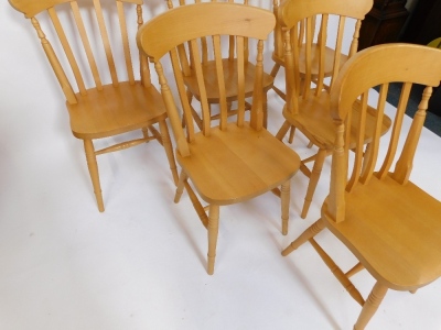 A pine kitchen table, raised on cream painted turned legs, 58cm high, 151cm wide, 81cm deep, together with six beech kitchen chairs. - 4