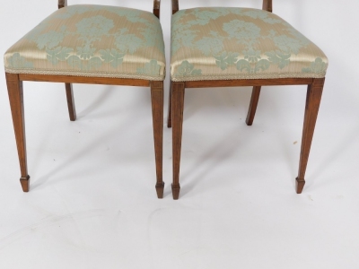 A pair of Edwardian rosewood chairs, each with a marquetry floral panel back, on turquoise and silver upholstered seats. - 4