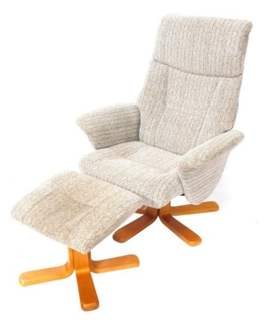 A lounge chair, in modern cream and brown pleated upholstery, with footstool.