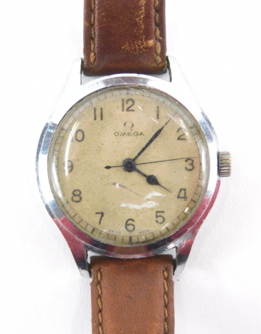 A vintage Omega gentleman's wristwatch, with 3cm diameter Arabic dial, brown leather strap and stainless steel case.
